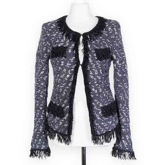 Maje Tweed Cardigan Sweater Jacket Blazer Woven Gray Metallic Fringe Size 2 - Picture 1 of 14